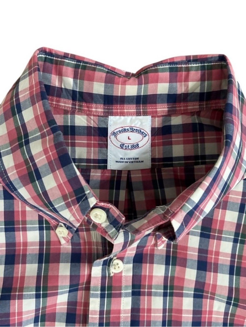 Brooks Brothers Pink Navy White Plaid Button-Down Shirt 100% Cotton L